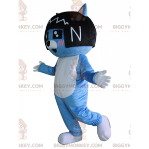 Blauwe kat BIGGYMONKEY™ mascottekostuum met zwarte pruik op het