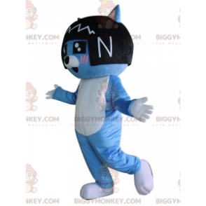 Blue cat BIGGYMONKEY™ mascot costume with black wig on head –