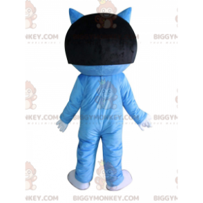 Blue cat BIGGYMONKEY™ mascot costume with black wig on head –