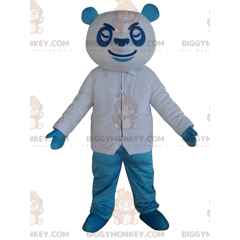 Blauwe en witte panda BIGGYMONKEY™ mascottekostuum, kleurrijk