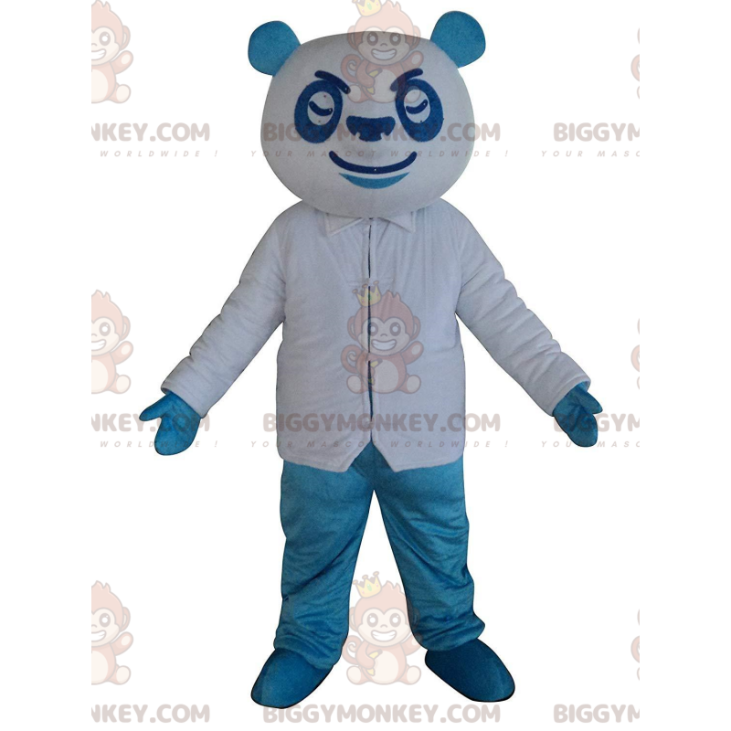 Sinivalkoinen panda BIGGYMONKEY™ maskottiasu, värikäs nalleasu