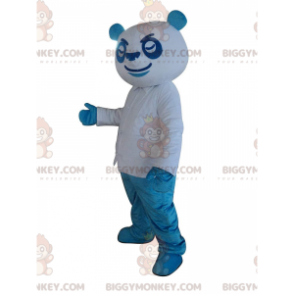 Blue and white panda BIGGYMONKEY™ mascot costume, colorful