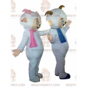2 BIGGYMONKEY™s sheep mascots with scarves and little horns –