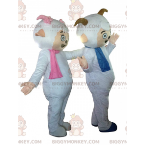 2 mascotte pecore BIGGYMONKEY™ con sciarpe e piccole corna -