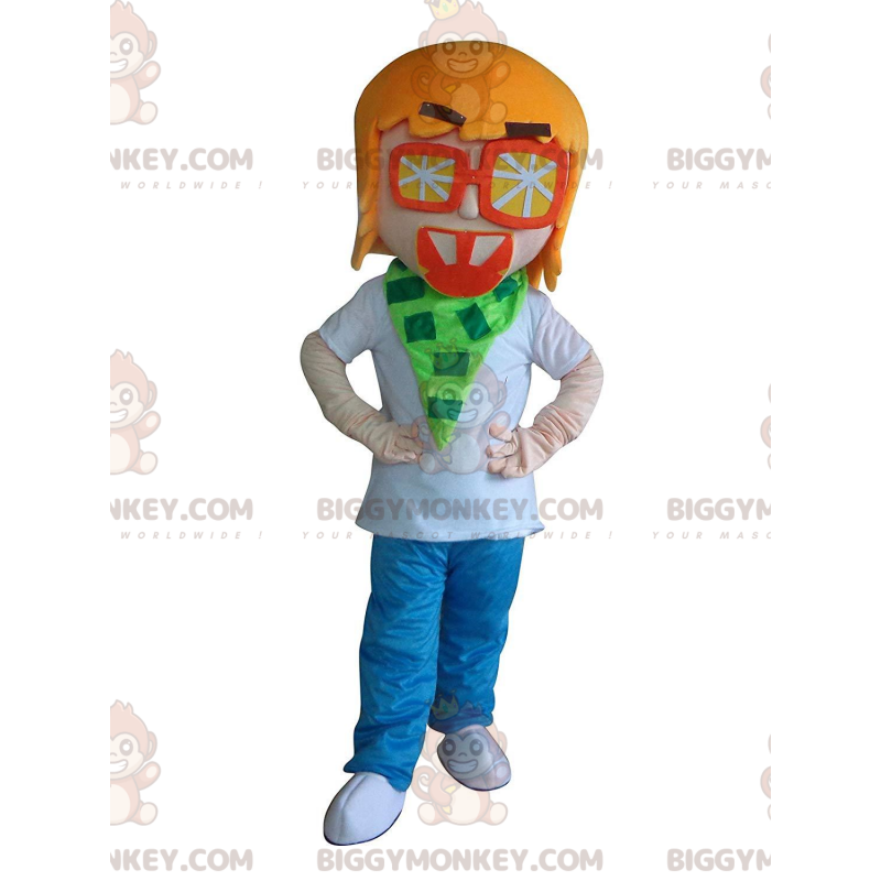 BIGGYMONKEY™ maskotdräkt pojke, ung man med orange glasögon -