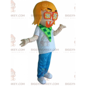 BIGGYMONKEY™ maskotkostume dreng, ung mand med orange briller -