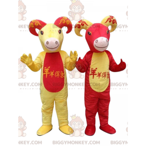 2 capre rosse e gialle mascotte di BIGGYMONKEY™, costumi da