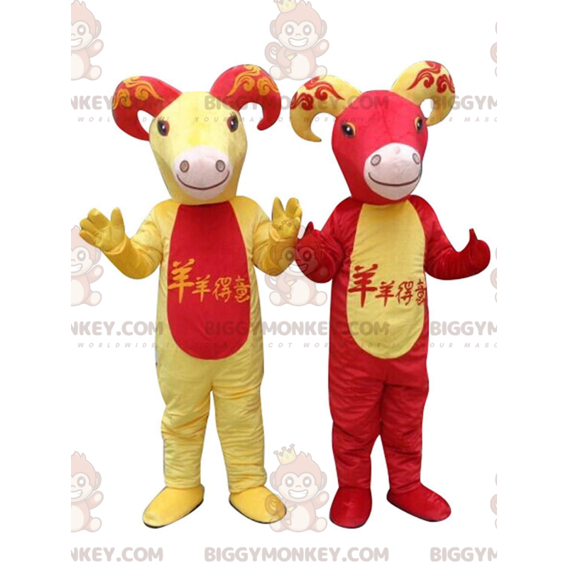 2 BIGGYMONKEY™s mascot red and yellow goats, goat costumes –