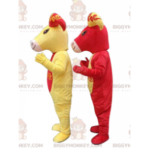 2 BIGGYMONKEY™s mascot red and yellow goats, goat costumes –