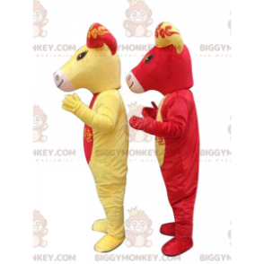 Duo de mascottes BIGGYMONKEY™ de chèvres rouges et jaunes