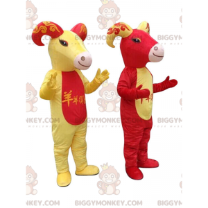 2 czerwone i żółte kozy BIGGYMONKEY™, kostiumy kozy -