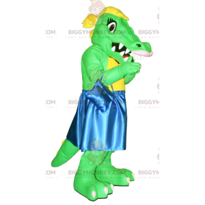 Groene en gele krokodil BIGGYMONKEY™ mascottekostuum met blauwe