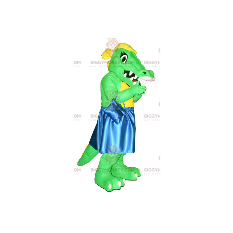 Grön och gul krokodil BIGGYMONKEY™ Maskotdräkt med blå klänning