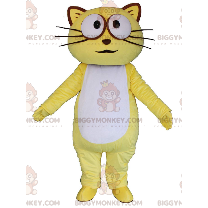 Στολή μασκότ BIGGYMONKEY™ κίτρινη και άσπρη γάτα, πολύχρωμη