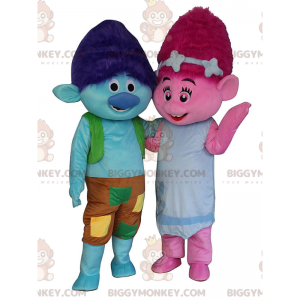 2 mascotes troll coloridos BIGGYMONKEY™s, um menino azul e uma