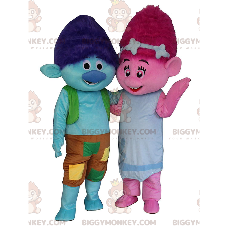 2 mascotes troll coloridos BIGGYMONKEY™s, um menino azul e uma