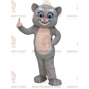 Traje de mascote BIGGYMONKEY™ gato cinza e branco com olhos