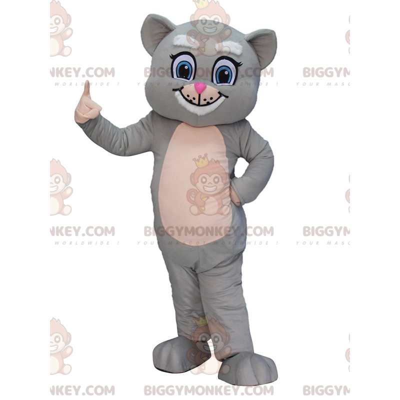 BIGGYMONKEY™ mascottekostuum grijze en witte kat met blauwe