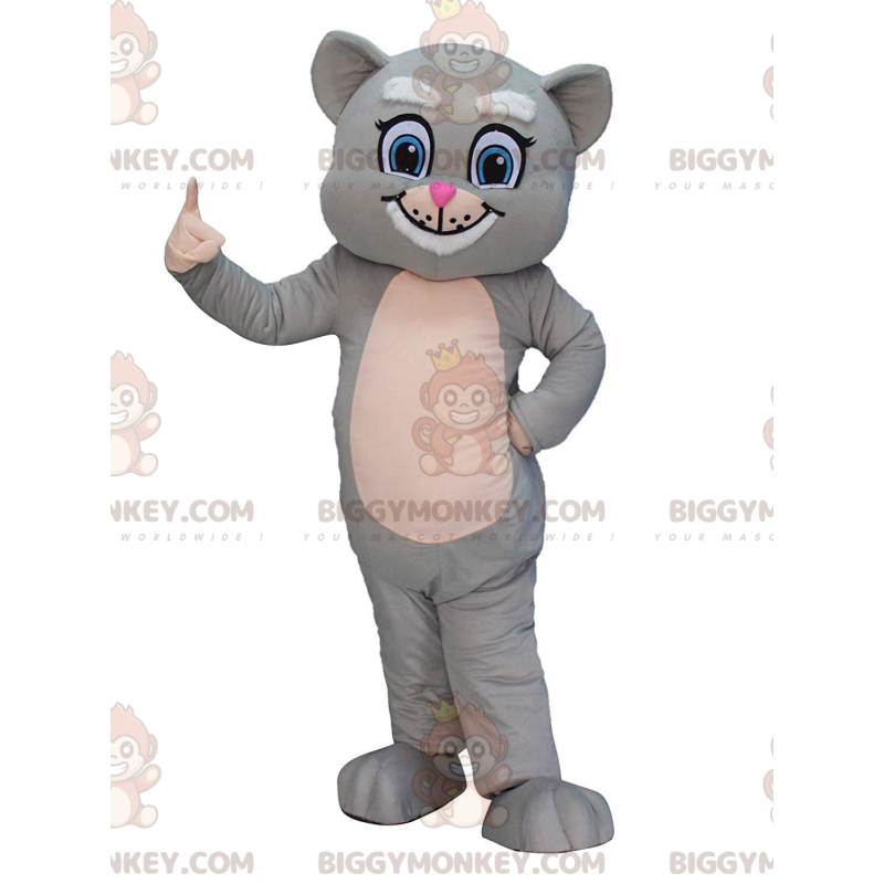 Costume de mascotte BIGGYMONKEY™ de chat gris et blanc aux yeux