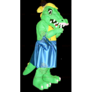 Grön och gul krokodil BIGGYMONKEY™ Maskotdräkt med blå klänning