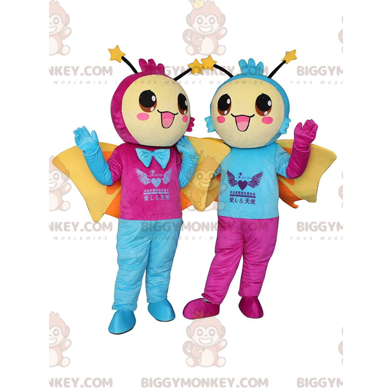 2 BIGGYMONKEY™s mascotte di farfalle sorridenti, costumi caldi