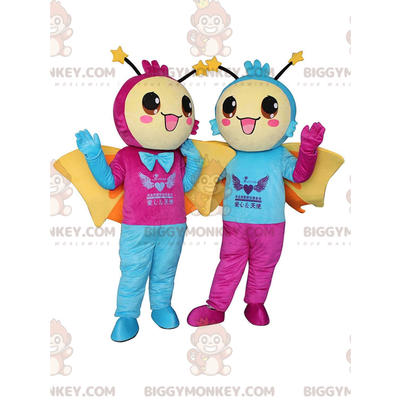 Duo de mascottes BIGGYMONKEY™ de papillons souriants, costumes