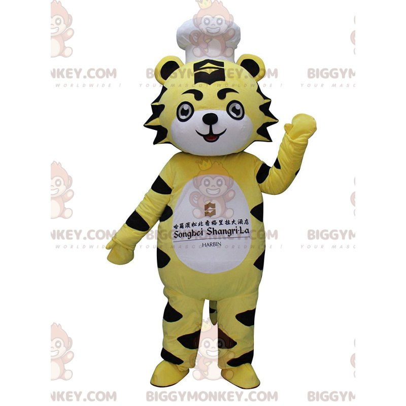 BIGGYMONKEY™ Gul, vit och svart tigermaskotdräkt med hatt -
