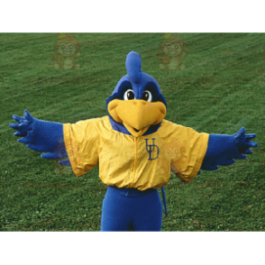 Traje esportivo de mascote azul e amarelo pássaro BIGGYMONKEY™