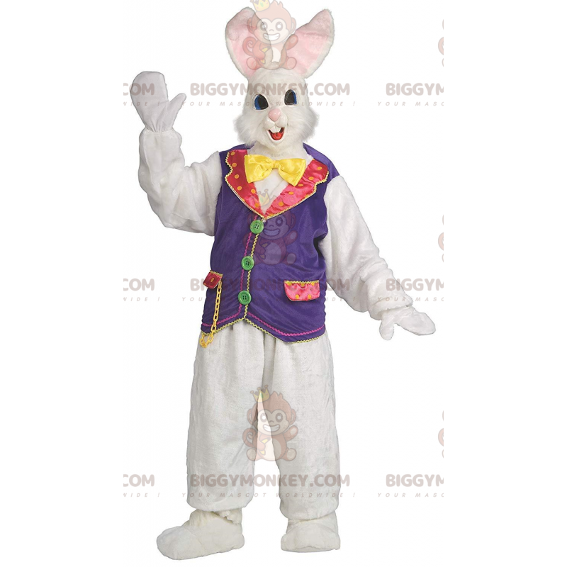 Costume de mascotte BIGGYMONKEY™ de lapin avec un gilet coloré