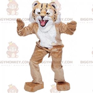 Traje de mascote BIGGYMONKEY™ de lince bege e branco, traje de