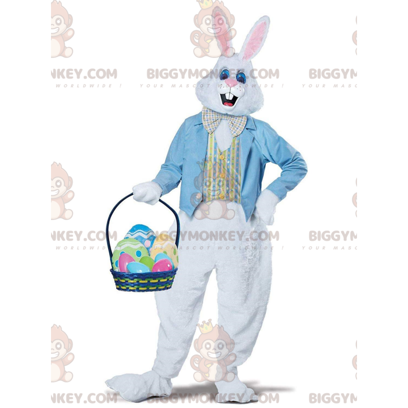 White Rabbit BIGGYMONKEY™ Mascot Costume with Blue Vest and Bow