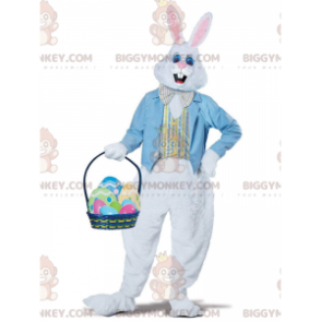 Wit konijn BIGGYMONKEY™ mascottekostuum met blauw vest en