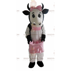 BIGGYMONKEY™ Maskotdräkt Vit och svart ko med rosa skator -