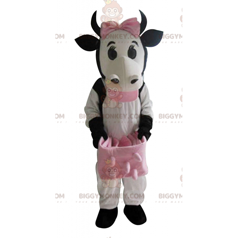 BIGGYMONKEY™ Maskottchen-Kostüm Weiße und schwarze Kuh mit rosa