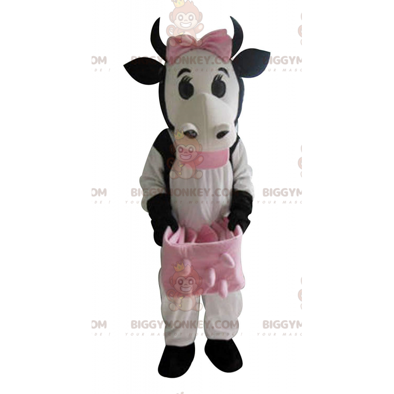 Traje de mascote BIGGYMONKEY™ Vaca branca e preta com pegas