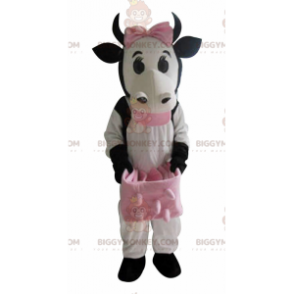 BIGGYMONKEY™ Maskotdräkt Vit och svart ko med rosa skator -