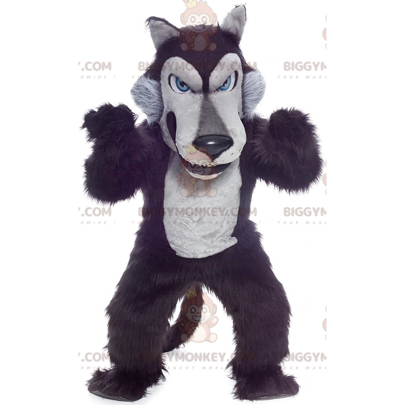 Black and Gray Wolf BIGGYMONKEY™ Mascot Costume, Plush Wolf Dog