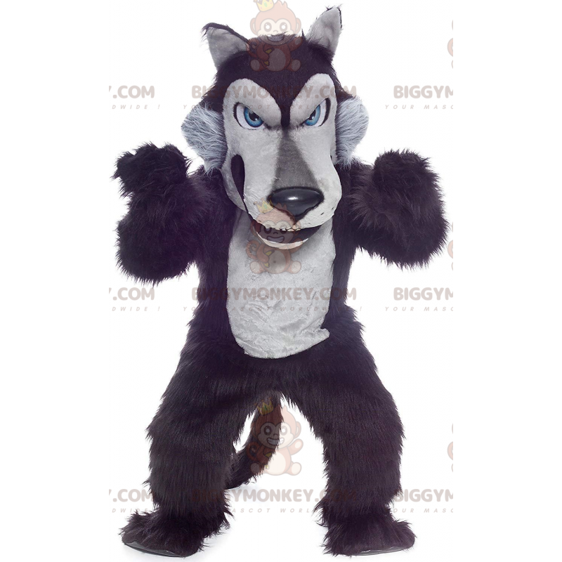 Costume da mascotte BIGGYMONKEY™ lupo nero e grigio, costume da