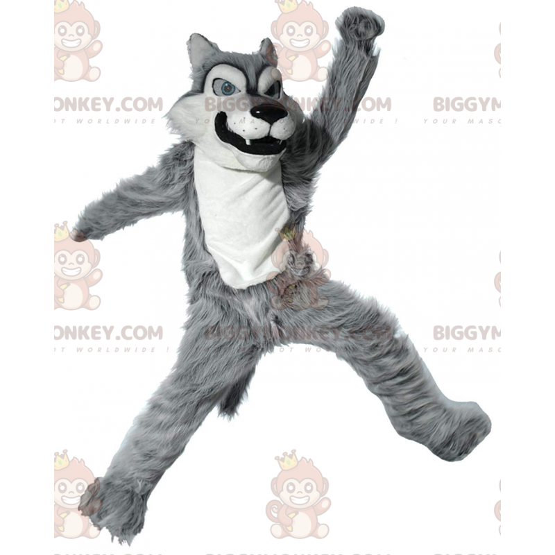 Grijze en witte wolf BIGGYMONKEY™ mascottekostuum, harige boze