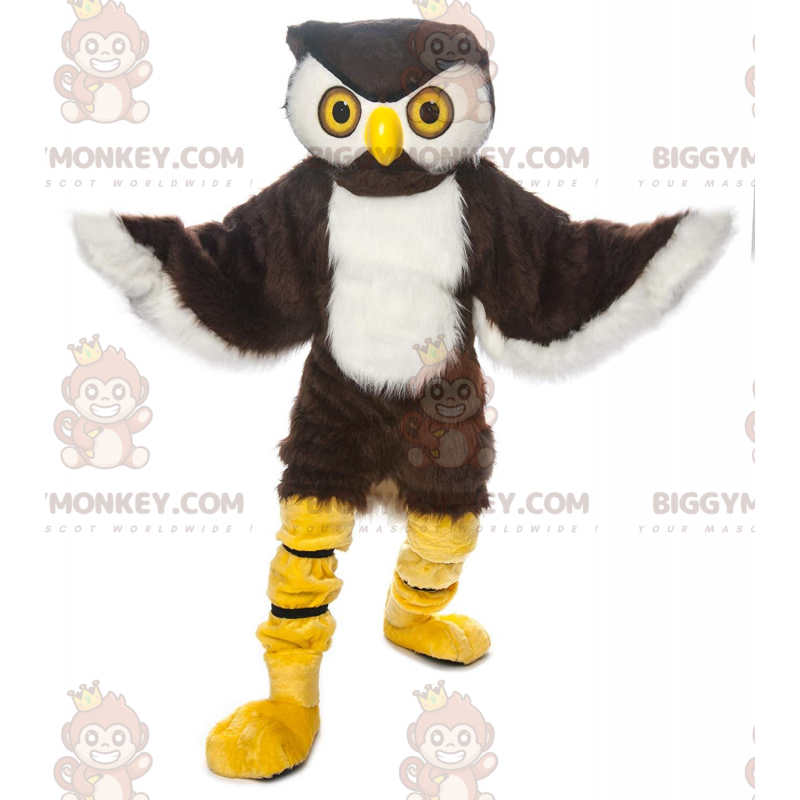 Traje de mascote BIGGYMONKEY™ de coruja marrom e branca