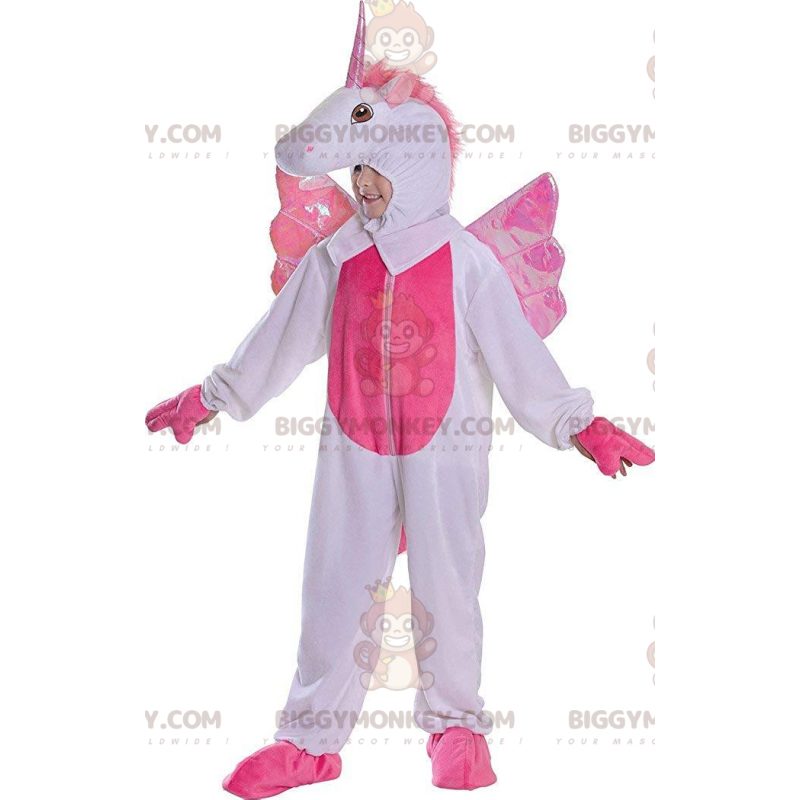 Fantasia de mascote de unicórnio branco e rosa BIGGYMONKEY™