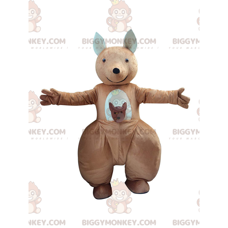 Traje de mascote BIGGYMONKEY™ Canguru marrom e branco com bebê