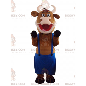 Costume da mascotte BIGGYMONKEY™ da mucca marrone con tuta blu