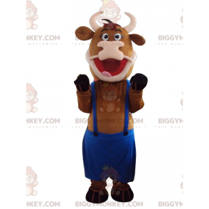 Traje de mascote de vaca marrom BIGGYMONKEY™ com macacão azul –