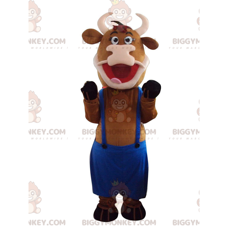 Braune Kuh BIGGYMONKEY™ Maskottchenkostüm mit blauem Overall -