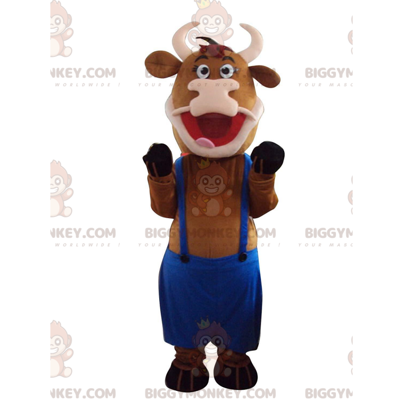 Brun ko BIGGYMONKEY™ maskotdräkt med blå overall - BiggyMonkey