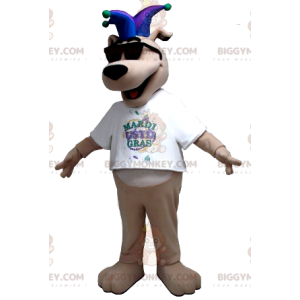 BIGGYMONKEY™ Mascot Costume Beige Dog With Jester Hat –
