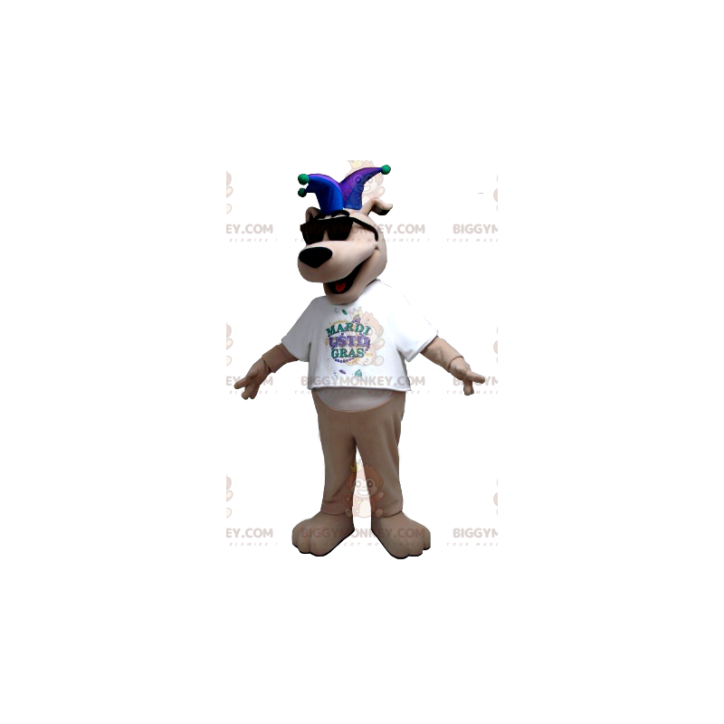 BIGGYMONKEY™ Mascot Costume Beige Dog With Jester Hat -