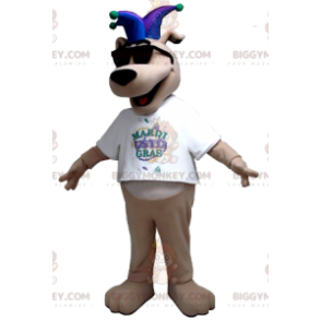 Fantasia de mascote BIGGYMONKEY™ cão bege com chapéu de bobo da