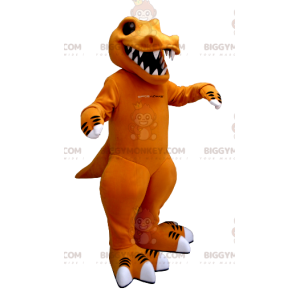 Kostium maskotka pomarańczowy i biały dinozaur z dużymi zębami